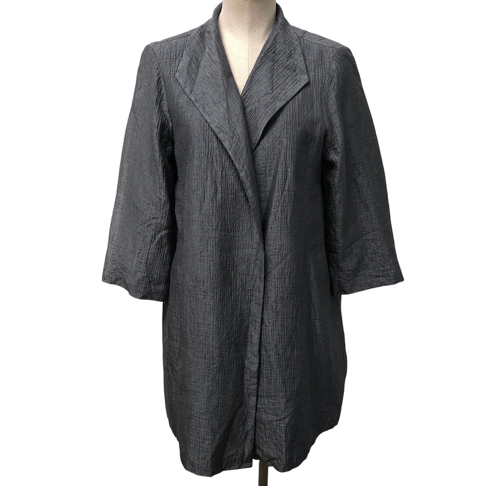 Eileen Fisher Jacket Womens Large Gray Silk Blend Textured Open Front Long Coat